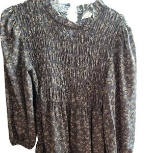 Elloh Floral Smocked Mock Neck Tiered Mini Dress Gray Long Sleeve S Cottagecore